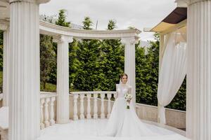 full-length portrait of a young bride in a white wedding dress with sleeves. Professional hairstyle and natural make-up. The concept of a wedding in a beautiful location photo