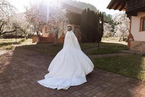 The bride has her shoulders turned to the camera, walking along a stone path. A long train. Magnificent dress with long sleeves, open bust. Spring wedding photo