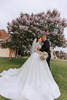 Wedding. Love and couple in garden for wedding. Celebrating the ceremony and commitment. Save the date. Trust. The bride and groom embrace against the background of a spring blooming tree. photo