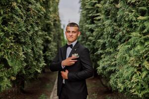 The groom in a black suit adjusts the boutonniere, poses against the background of a green tree. Wedding portrait. photo