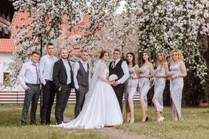 longitud total retrato de el recién casados y su amigos a el boda. el novia y novio con damas de honor y amigos de el novio son teniendo divertido y alegría a el boda. foto