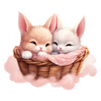 ai generado conejito felicidad enamorado conejito Pareja en cesta - adorable dúo celebrando amor y alegría png