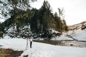 un hermosa Pareja es en pie en un invierno pino bosque por el río, disfrutando el belleza. amplio ángulo foto. invierno Boda foto