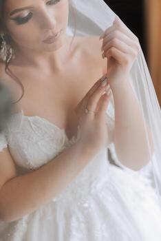 Beautiful brunette princess bride in a white lace dress under a veil, indoors. Wedding photography, portrait close-up. photo
