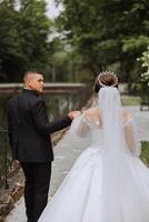 A beautiful young bride is walking with her groom in the summer park. Photo of the bride and groom from behind. Beautiful wedding white dress. Walks in the park. A happy and loving couple.