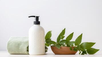 ai generado elegante baño esenciales con verde planta decoración foto