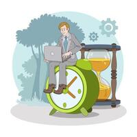 Male sitting on big clock and working on laptop. Time organization and management concept vector