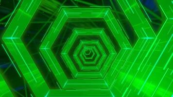 science-fiction vert embrasé néon lumières hexagone tunnel video