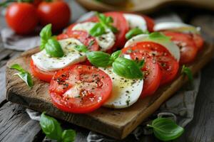 AI generated Mozzarella and tomato salad. Fresh italian caprese salad with mozzarella and tomatoes on wooden board. photo