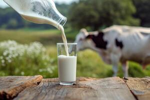 AI generated Milk from jug pouring into glass on table with cow on the meadow in the background. Glass of milk on wooden table. photo