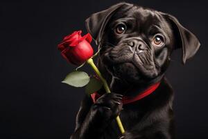 AI generated Cute dog holding a red rose as a Valentine's Day gift photo