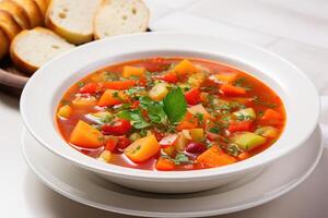 AI generated Homemade vegetable soup on white plate photo