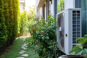 AI generated Air source heat pump installed in residential building. photo