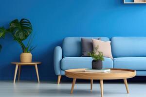 AI generated Scandinavian home interior design of modern blue living room. Round coffee table near blue sofa photo