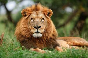 ai generado grande masculino africano león acostado en el césped foto