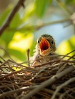 ai generado joven pájaro en nido con abierto boca esperando a ser alimentado. foto