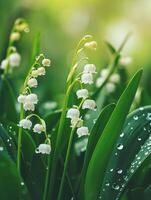 ai generado blanco lirio de el Valle flores convallaria majalis bosque floración planta con gotas de lluvia. foto