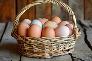 AI generated Chicken eggs in a basket. photo