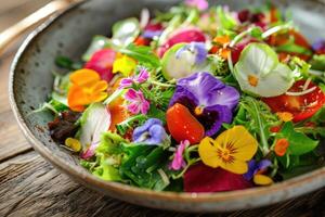 ai generado Fresco ensalada de primavera vegetales decorado con comestible flores foto