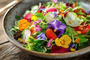 AI generated Fresh salad of spring vegetables decorated with edible flowers photo