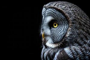 AI generated Great grey owl Strix nebulosa isolated of black background photo