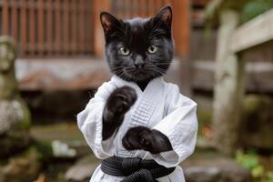 AI generated A cute black cat in a white kimono karate uniform takes an exercise pose. photo