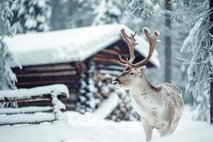 AI generated European fallow deer in winter forest against the background of a snow covered forest hut photo