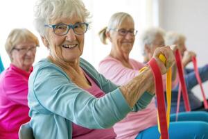 AI generated Seniors doing exercise seated with exercise bands photo