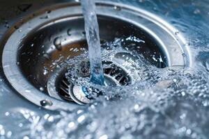 AI generated Stainless steel sink plug hole close up with water photo