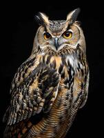 AI generated Eurasian Eagle Owl isolated on black background photo