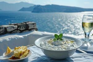 AI generated Close up view of tzatziki on Greek table, sea in background. photo