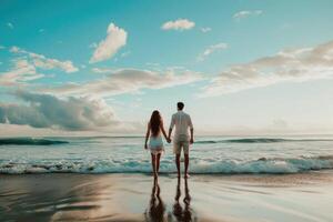 AI generated A man and woman holding hands on a beach photo