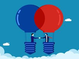 Team, cooperation. Two businessmen holding hands on a light bulb balloon vector