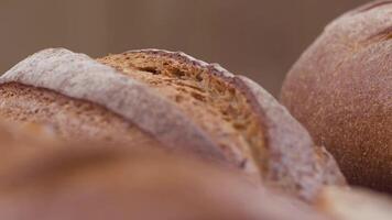 Camera is zoom through sliced and whole wheat bread and wheat ears to the clay pots video