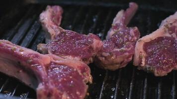 Still raw lamb ribs in spices are grilled video