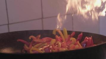 Fresh veggies are flambeing on a frying pan over open fire video
