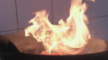 frisch Gemüse sind flammend auf ein braten schwenken Über öffnen Feuer video