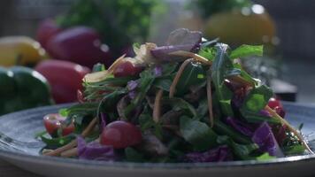 avvicinamento di fresco insalata fatto di rosso cavolo, pomodori, cipolle, basilico, rucola e pezzi di fritte carne video