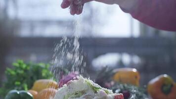 Nahansicht von grob gehackt Caesar Salat mit Hähnchen Filet im das Keramik Gericht ist ist bestreut video