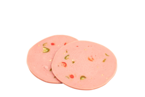 Bologna with chilly ,Mortadela Sausage, Sliced boiled ham sausage isolated on transparent background, top view, PNG File