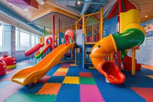 ai generado dentro niños patio de juegos, bonito vistoso gimnasia. cuarto de jugar, recreación tema. foto