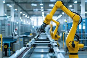 AI generated Robotic arm for electronic assembly line. Smart modern factory automation using advanced machines. photo