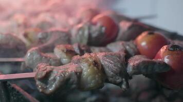 Close-up of lumpy kebab with tomato and ground kebab is grilled on the grill video