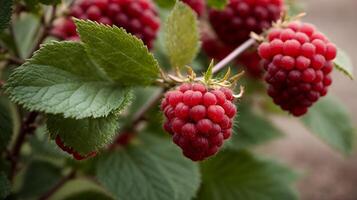 AI generated A very close view of raspberry on a nice raspberry tree photo