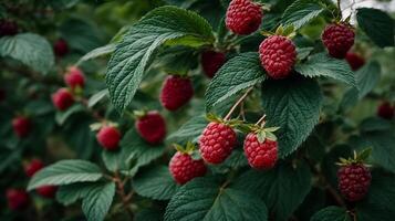 AI generated A very close view of raspberry on a nice raspberry tree photo