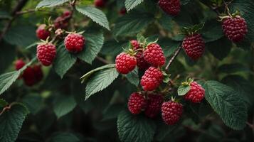 AI generated A very close view of raspberry on a nice raspberry tree photo