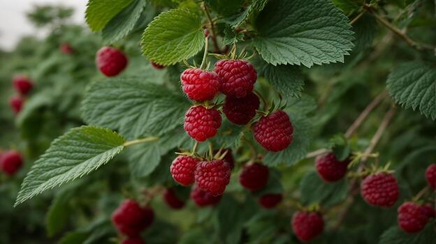 AI generated A very close view of raspberry on a nice raspberry tree photo