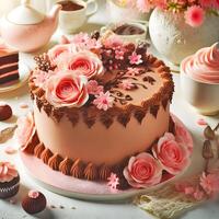 AI generated Chocolate cake with buttercream and pink icing flowers displayed on table photo