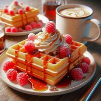 AI generated Savor the flavors of breakfast with waffles topped by maple syrup, whipped cream, and raspberries, accompanied by a mug of coffee photo