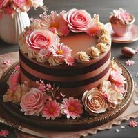 AI generated A table set with chocolate cake, buttercream, and pink icing flowers photo